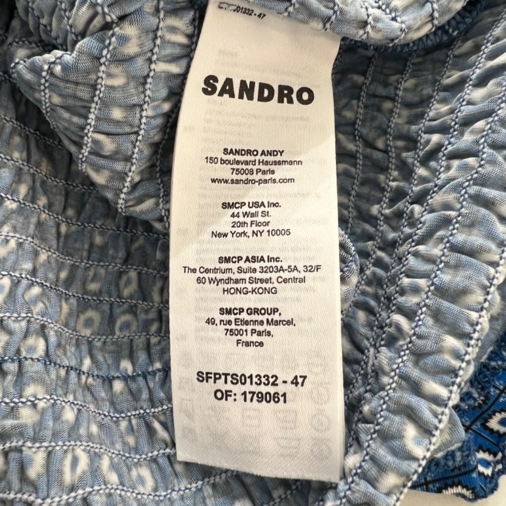SANDRO Blue Floral Ruched Top Short Puff Sleeve Workwear Contemporary Blouse - Picture 6 of 7